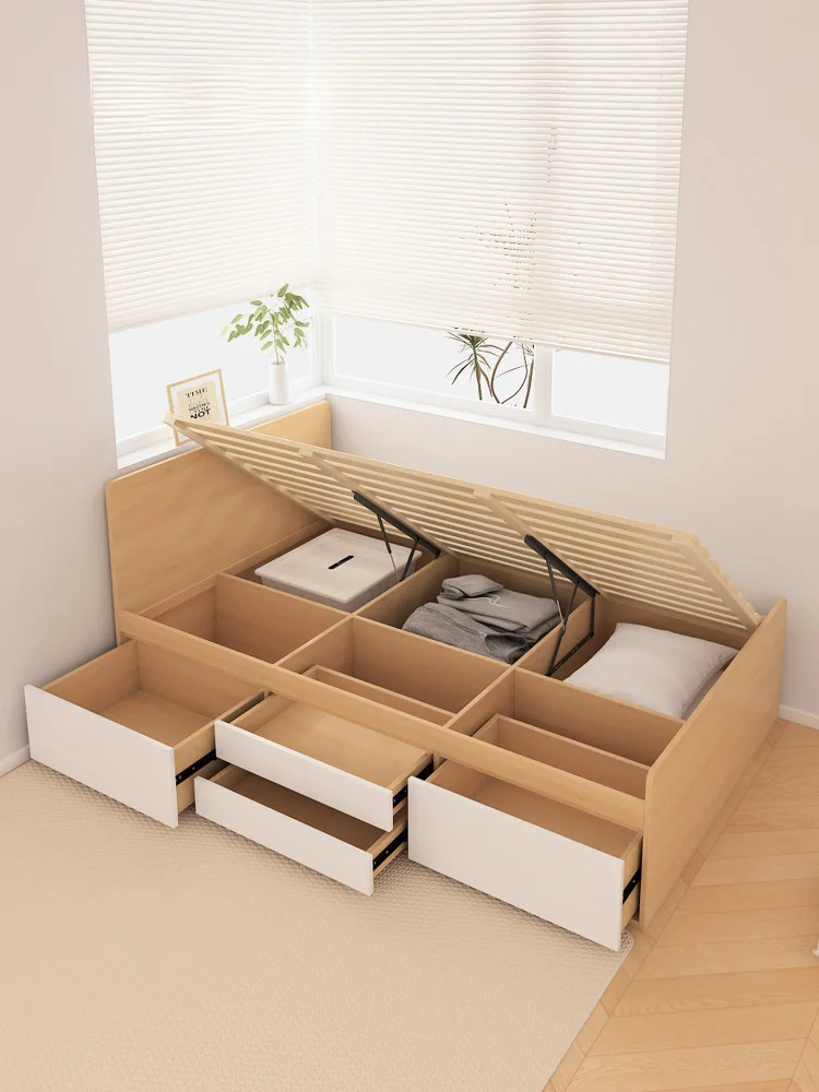 Simple modern multi-functional storage bed pine row skeleton air pressure drawer bed high box bed