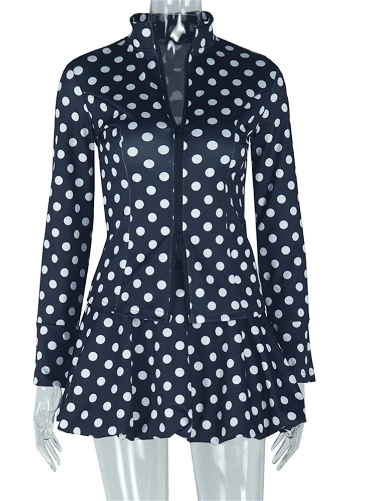 여성용 지퍼 가디건, 긴팔 재킷, 신축성 허리 프릴 스커트, 트렌드 스트리트웨어 슈트, 기묘한 고양이 도트 프린트, 2 피스 세트