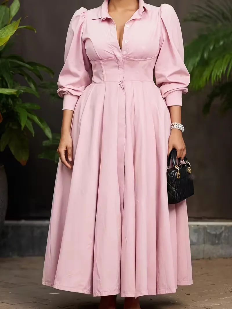 New elegant long-sleeved flared shirt dress for women, fashionable solid color long dress.
