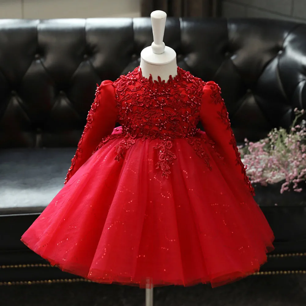 Red Toddler Girl Wedding Party Flower Girl Dress Long Sleeve Baby Girls Christmas Princess Gowns Beads Lace Kids Birthday Dress