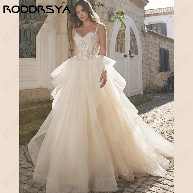 RODDRSYA-Robes de mariée à bretelles spaghetti pour femmes, robe trapèze chérie, appliques en dentelle, patients plissés, quoi que ce soitRobes de mariée à bretelles spaghetti pour femmes, robe trapèze chérie, applique