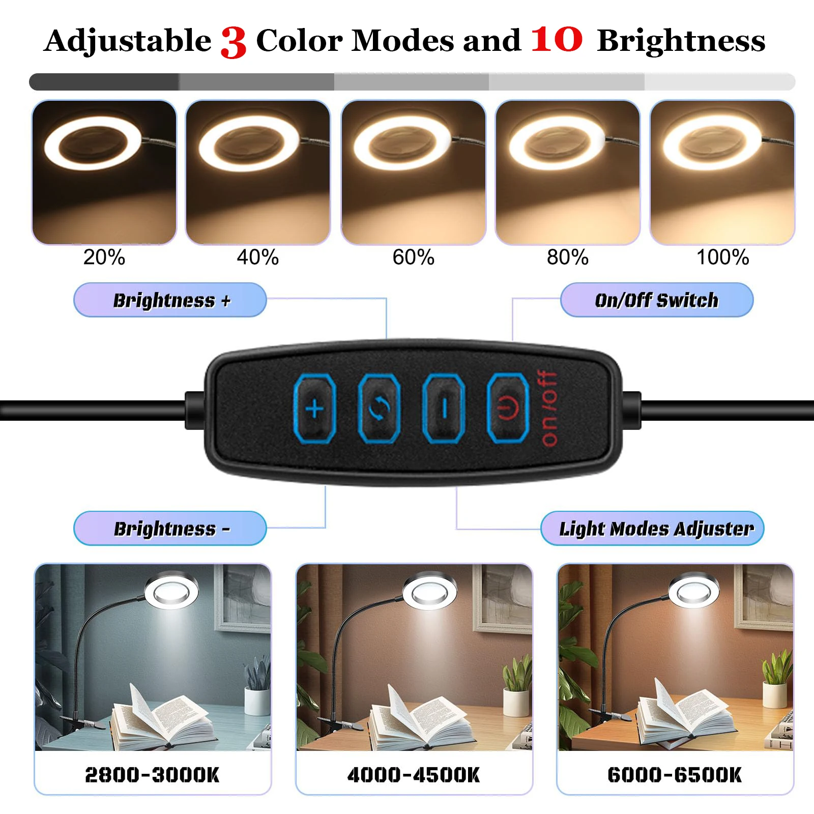 10-fache Vergrößerungslupe mit Schreibtischlampe, Beleuchtete Lupe mit 3 Farbmodi, LED-Vergrößerungsglas zum Lesen, Basteln, Nageldesign und Feinarbeiten – Detail 5