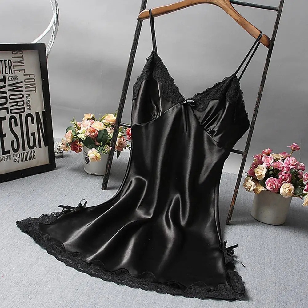 Women Nightdress Satin V Neck Spaghetti Strap Backless Sleeping Sleeveless Lace Patchwork Women Night Robe Women Garment