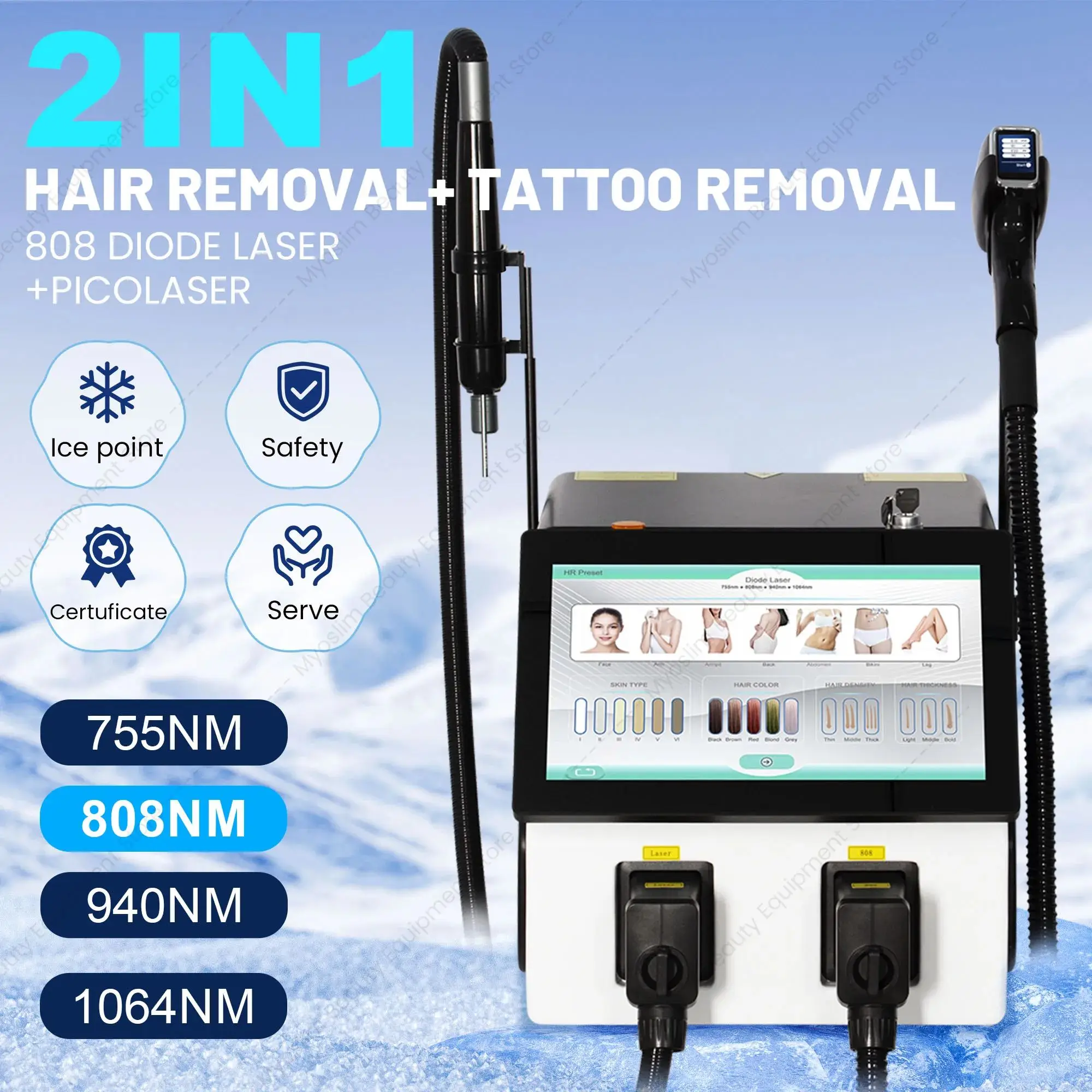 Portable 2IN1 Diode Picosecond Machine 755 808 940 1064nm Ice Point Cooling Permanent Hair Removal Tattoo Removal Salon Device