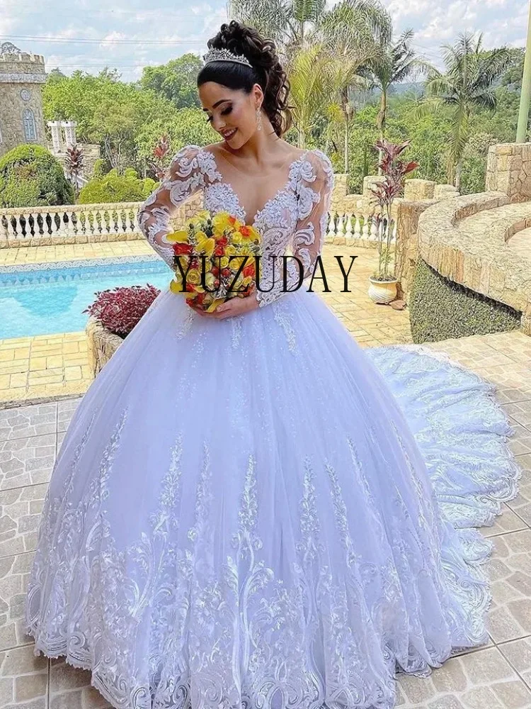 Luxus O-Ausschnitt Brautkleider Lange Ärmel Applikationen mit Schleppe A-Linie Brautkleid Prinzessin Vestido de Novia