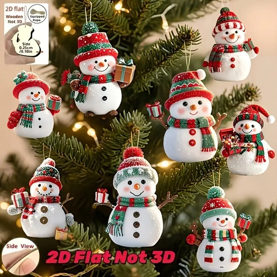 1/5/10/20/50/100pcs 2D Design, Set of 8 Cute Wooden Snowman Ornaments with a Christmas Feel, New Year’s Decorations, and Christm