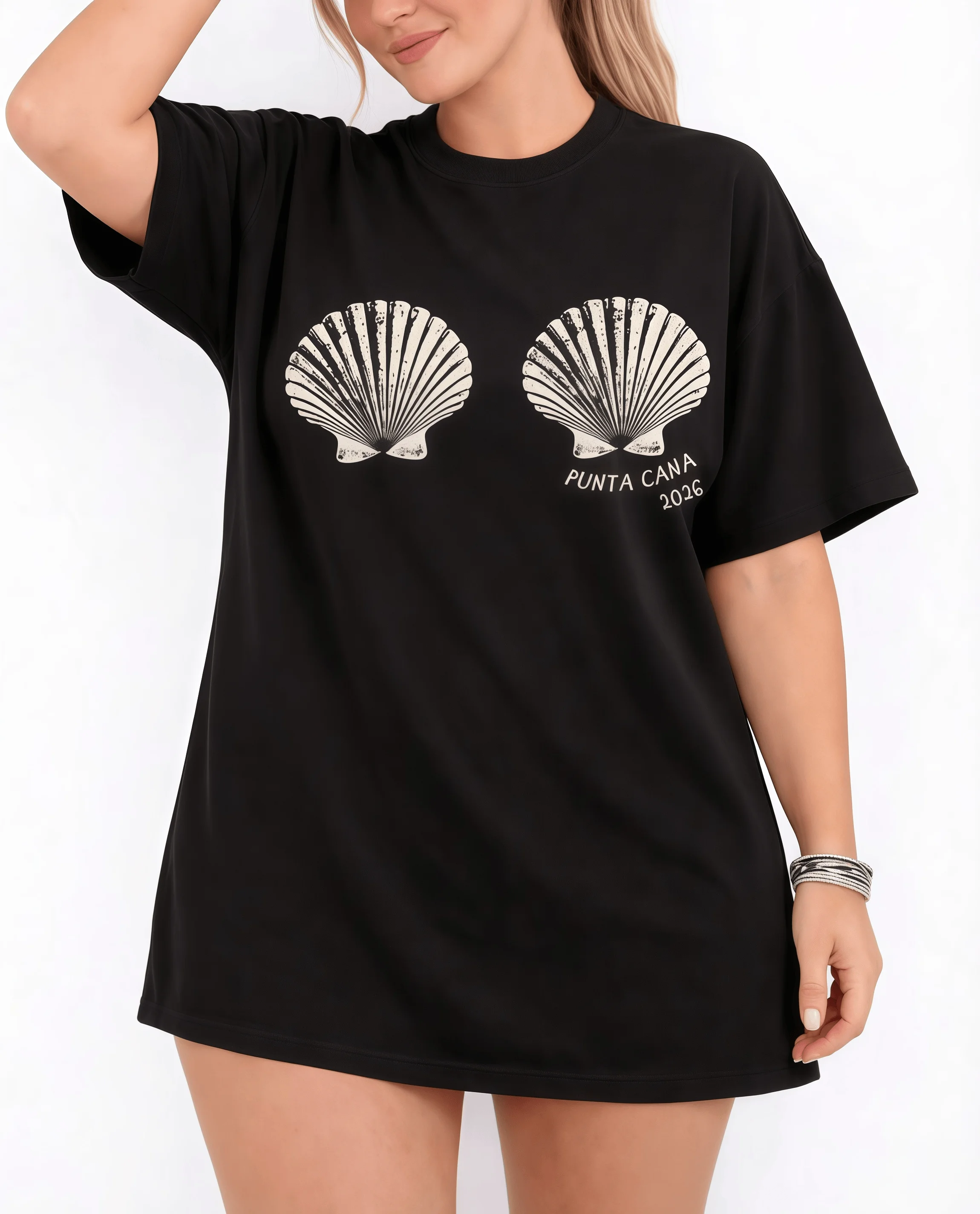 Retro Double Shell Printed Cotton T-shirt with Vacation Style  Loose Large Size Seaside Fun  Meat Covering  Casual Short Sleeve