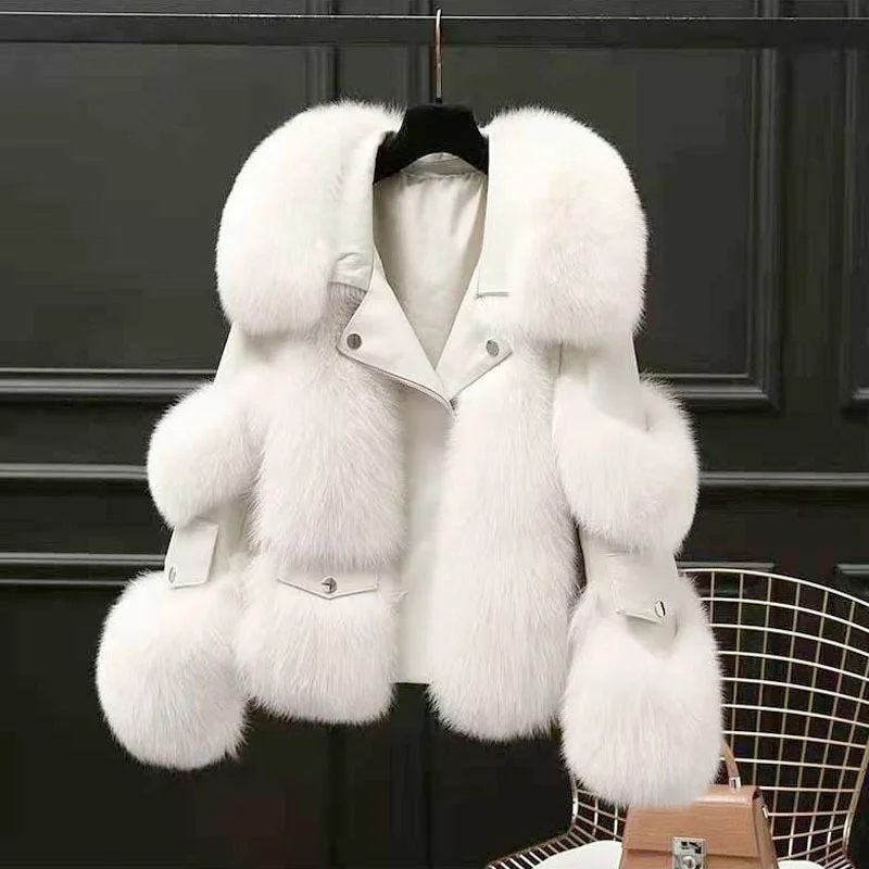 2025 Fox Fur Coat Women's Faux Fur Short Jacket Autumn Winter Thicken Warm Outerwear Leather Spliced Tops Streetwear Lady Coats
