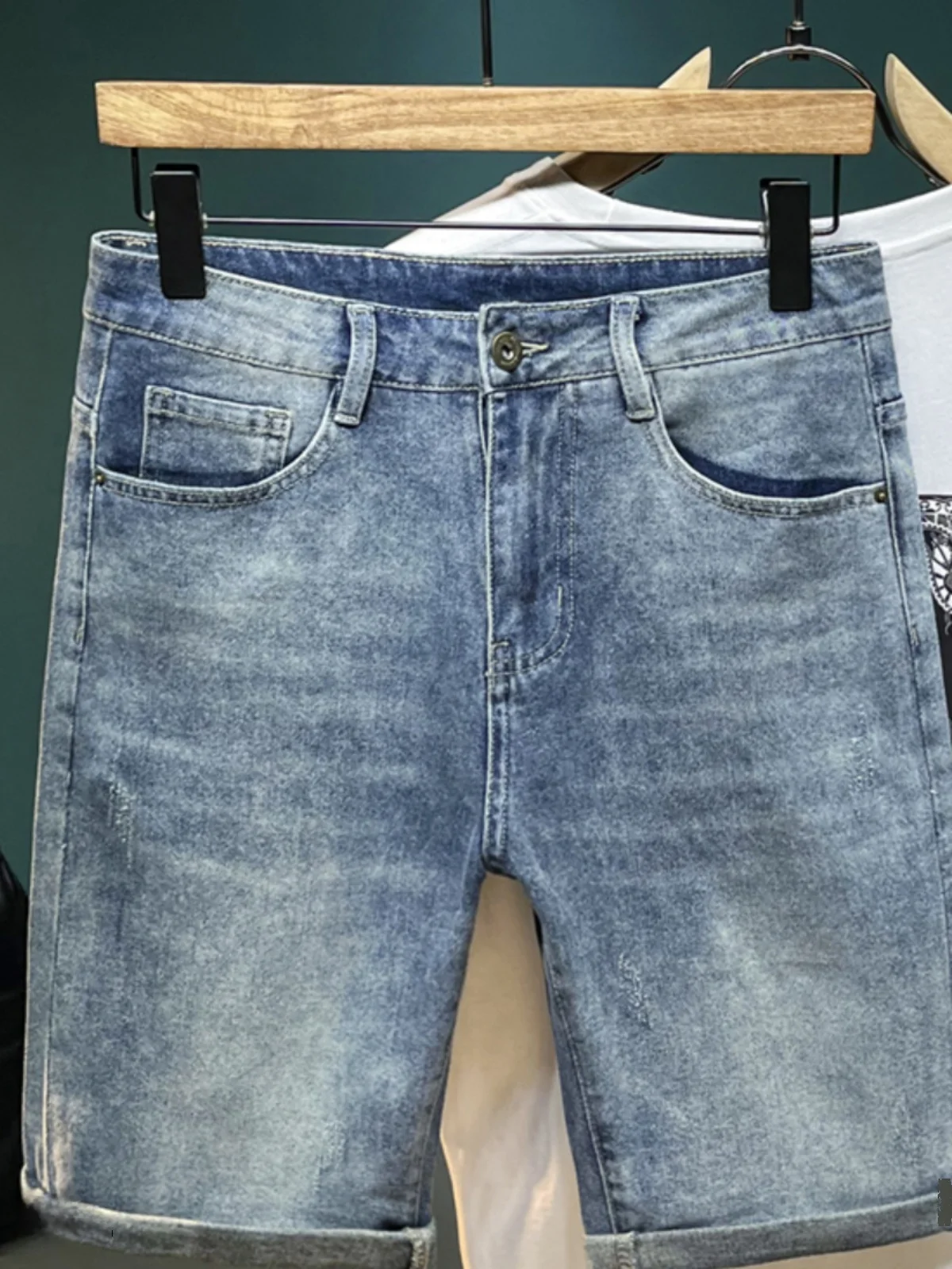 

Summer Vintage Men's Denim orts Casual Straight Leg Elastic Slim Fit Five-Quarter Length Versatile Cotton Stretch Jeans