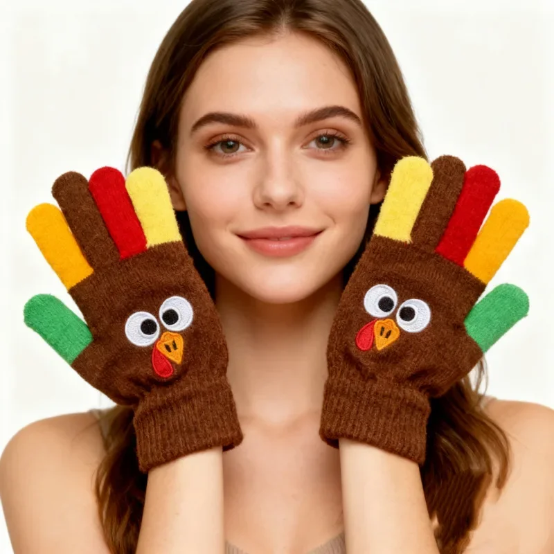 Handmade Knitted Turkey Design Gloves Creative Warm Winter Autumn Gloves for Men Women Kids Holiday Party Daily Wear