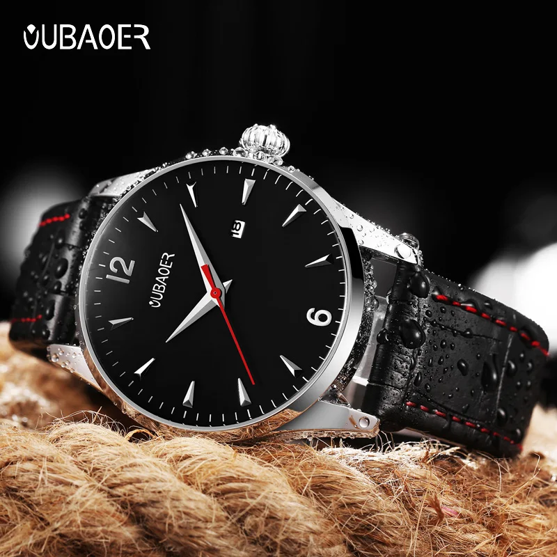 OUBAOER ساعات حركة كوارتز رجالية رجل حزام من الجلد ساعة اليد الذكور شهم سلسلة مقاوم للماء موضة ساعة الذكور عادية