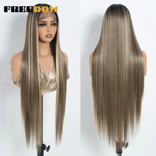 Imagen 2 del producto Pelucas delanteras de encaje sintético FREEDOM para mujer, pelucas de encaje largas y rectas de 36 pulgadas, degradado, rojo, Rubio y marrón, peluca de Cosplay destacada