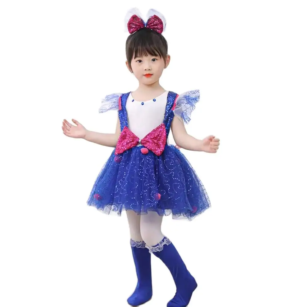 Blue Pink Kids Ballroom Clothing Sequined Modern Dance Dress Girls Jazz Dance Costume Stage Wear Toddler Wedding Princess Dress