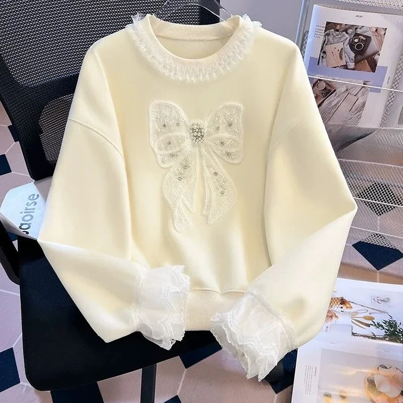 2026 Spring Girls Lace Bow Sweatshirt Crew Neck Long Sleeve Loose Trendy Top