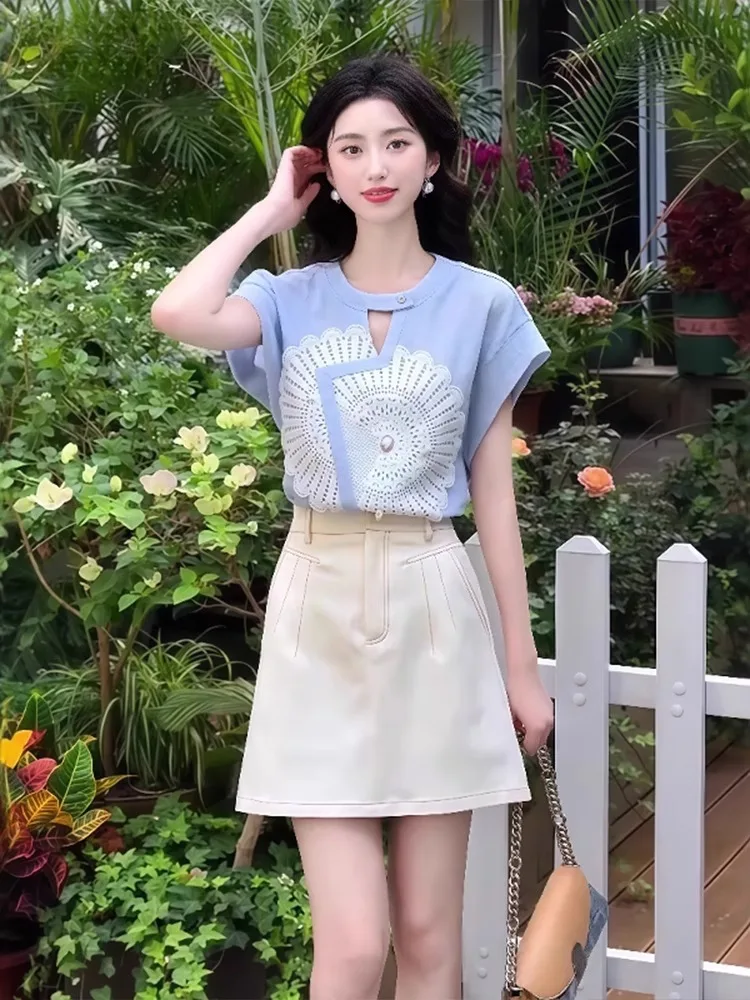 Blue Hollow out Printed Short Sleeve Women's T-Shirt Summer New Style Ultra Popular Unique Design Korean Loose Fit round Neck