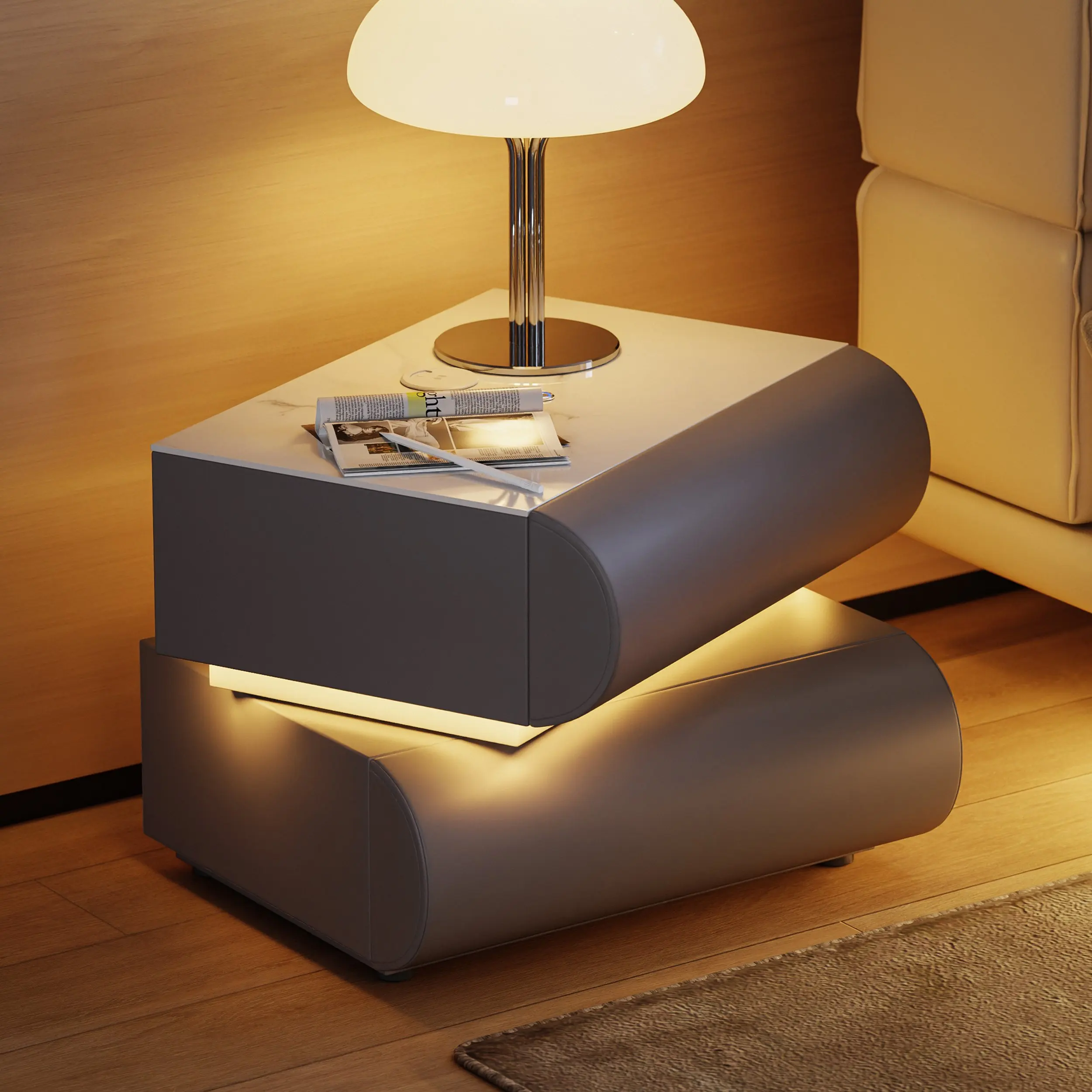 Leather 2 Drawer Smart LED Nightstand Engineered Wood Stone Top Rotating Bedside Table With Charging Station