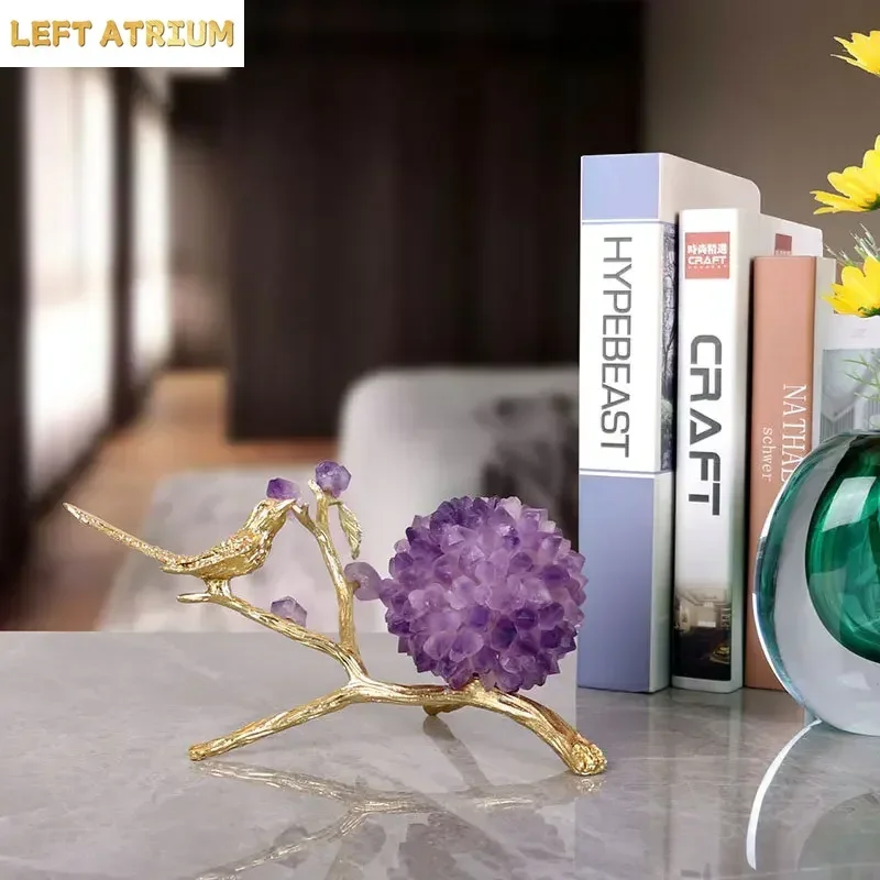 Golden Bird Artwork Amethyst Flower Ball Ornaments Desk Decoration Gold-plated Bird Alloy Sculpture Crafts Room Aesthetics Decor
