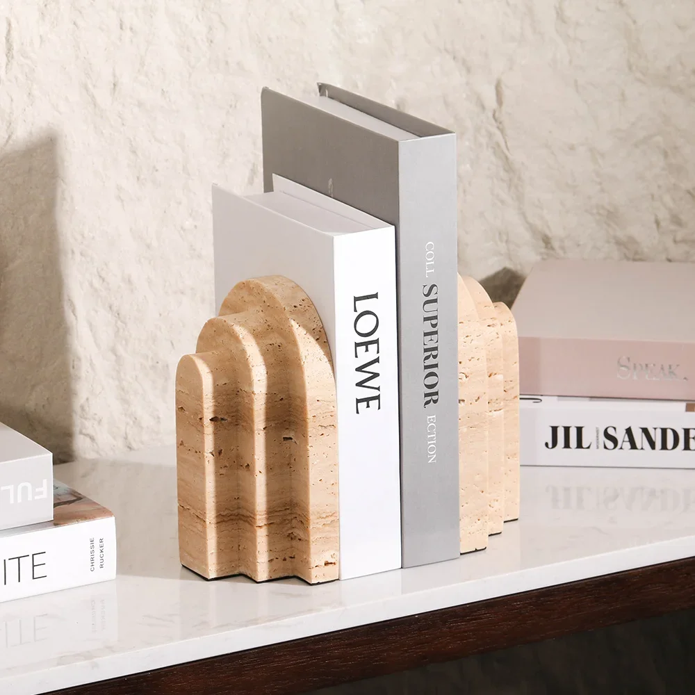 for Meets Classic Design Natural Stone Desk Accessories Decorative Arch Beige Travertine Bookends For Living Room Shelf Desk