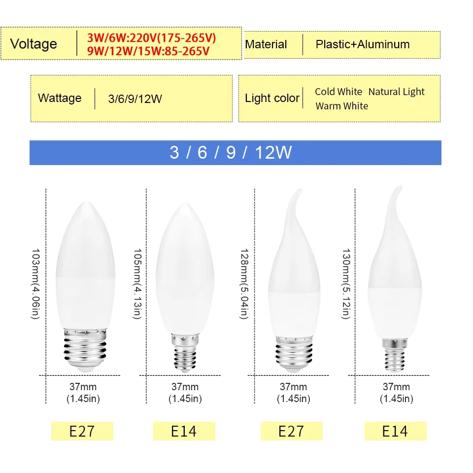 6Pcs  led Light bulb E14 E27 LED Lamp Indoor Warm Cold White Light 3W 6W 9W 12W 15W 220V LED Candle Bulb Home Decor Chandelier