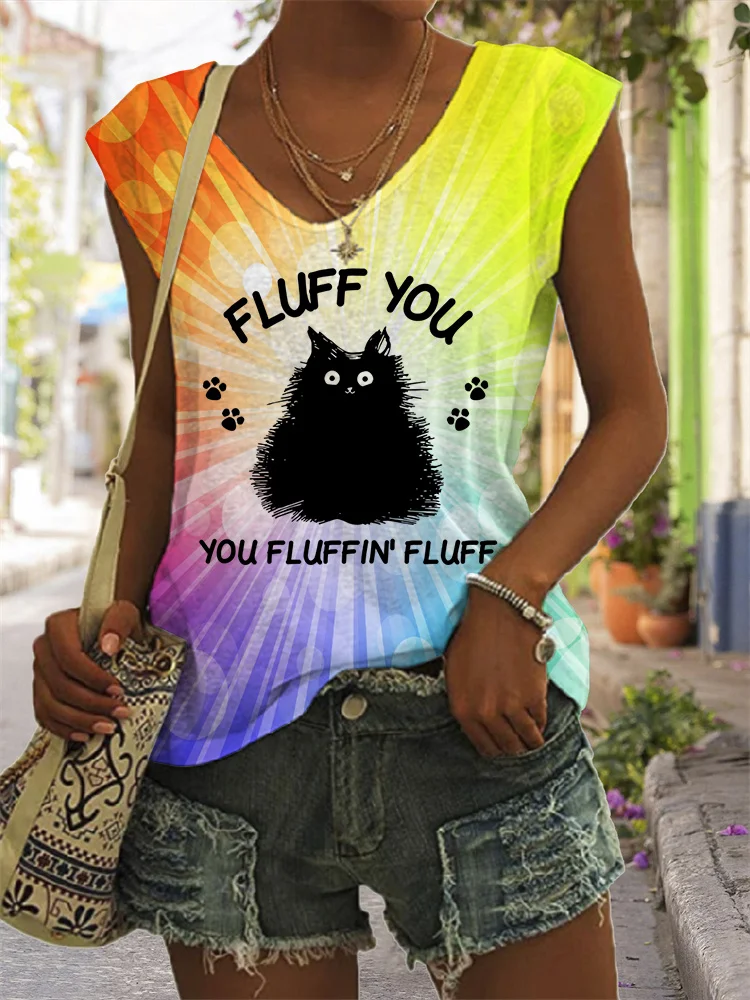 

Women's T-shirt Cartoon Cat Print Summer Sleeveless V-Neck Kawaii Fashion Casual Tee Shirts With Cat Funny Femininity Clothing