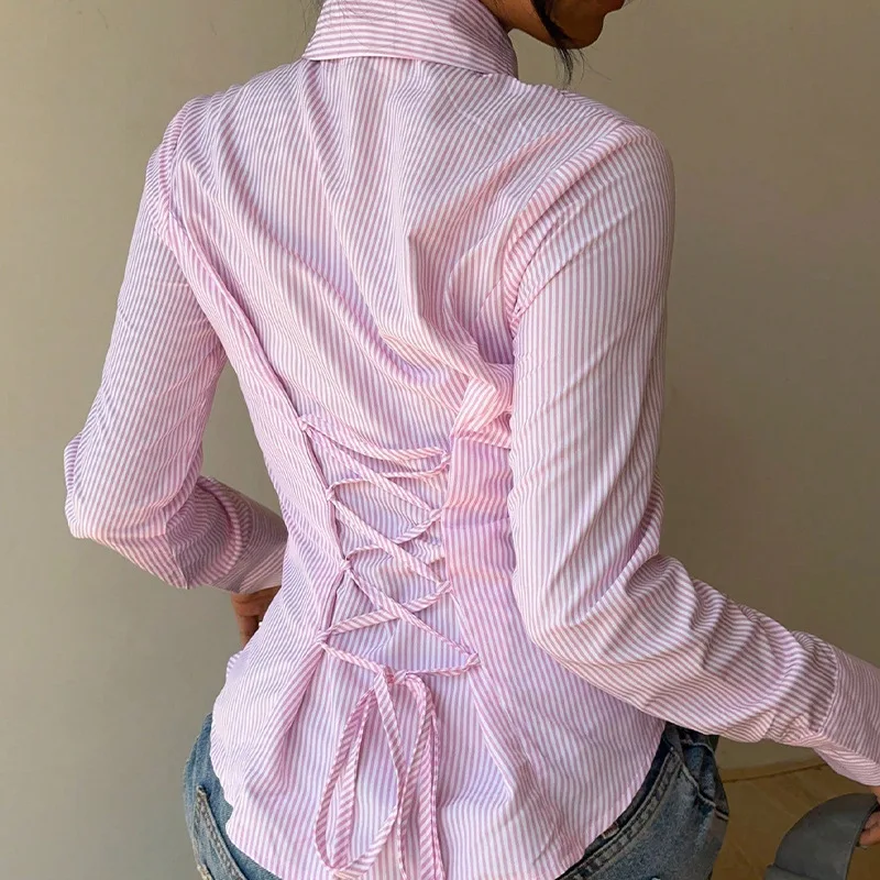 2025 herbst Temperament Gestreiften Taille Langarm-shirt Spitze-up Shirt Frauen