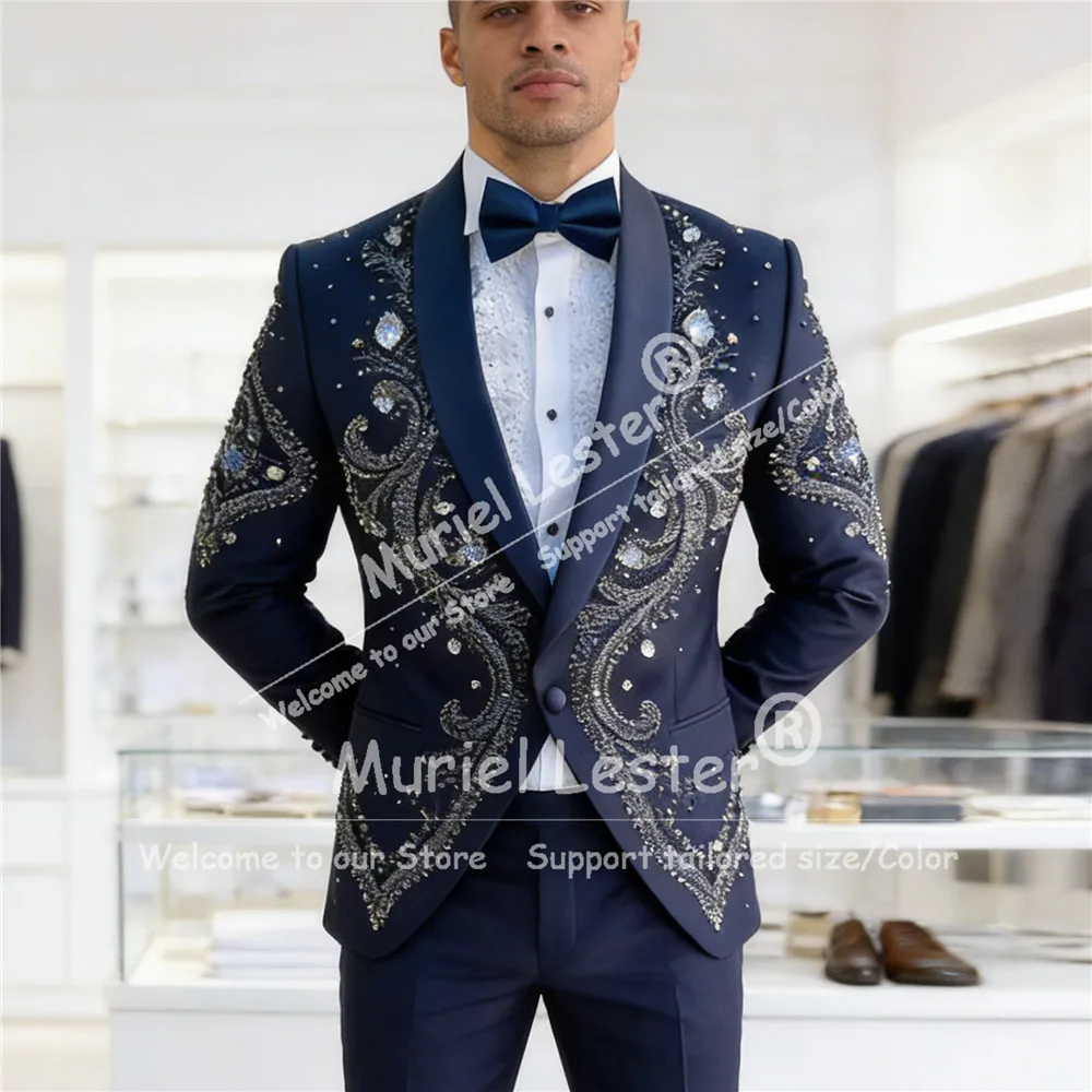 

Мужской костюм с украшениями из камней, комплект из 2 предметов для свадьбы, однобортный пиджак для выпускного вечера, индивидуальный пошив, смокинг для жениха