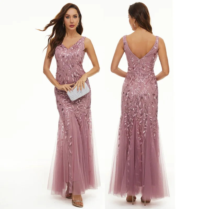 Embroidered sequin evening dress banquet light luxury banquet sexy sleeveless slim fit mesh fishtail dress bridesmaid dress