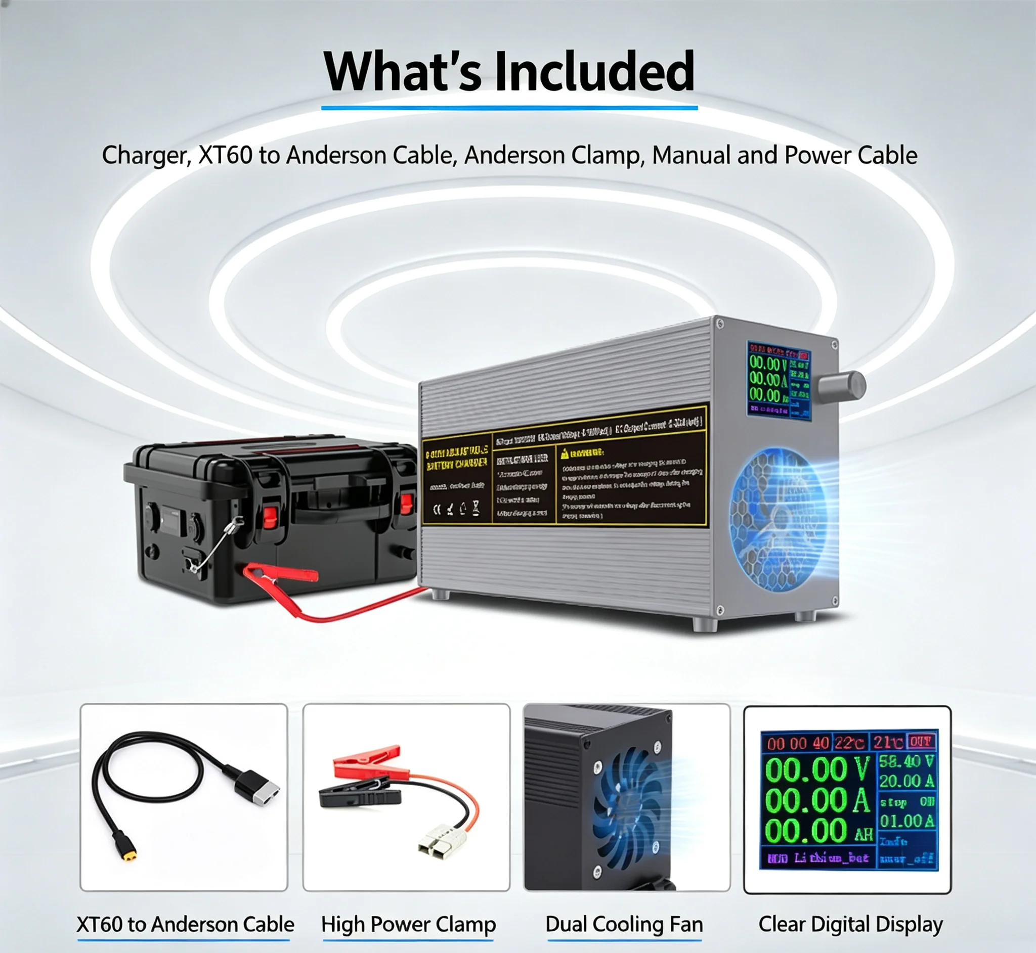 0-100V 0-25A Adjustable Battery Charger 2500W High Power for 12V 24V 36V 48V 60V 72V Lifepo4 Li-ion VRLA Battery Aluminum Shell