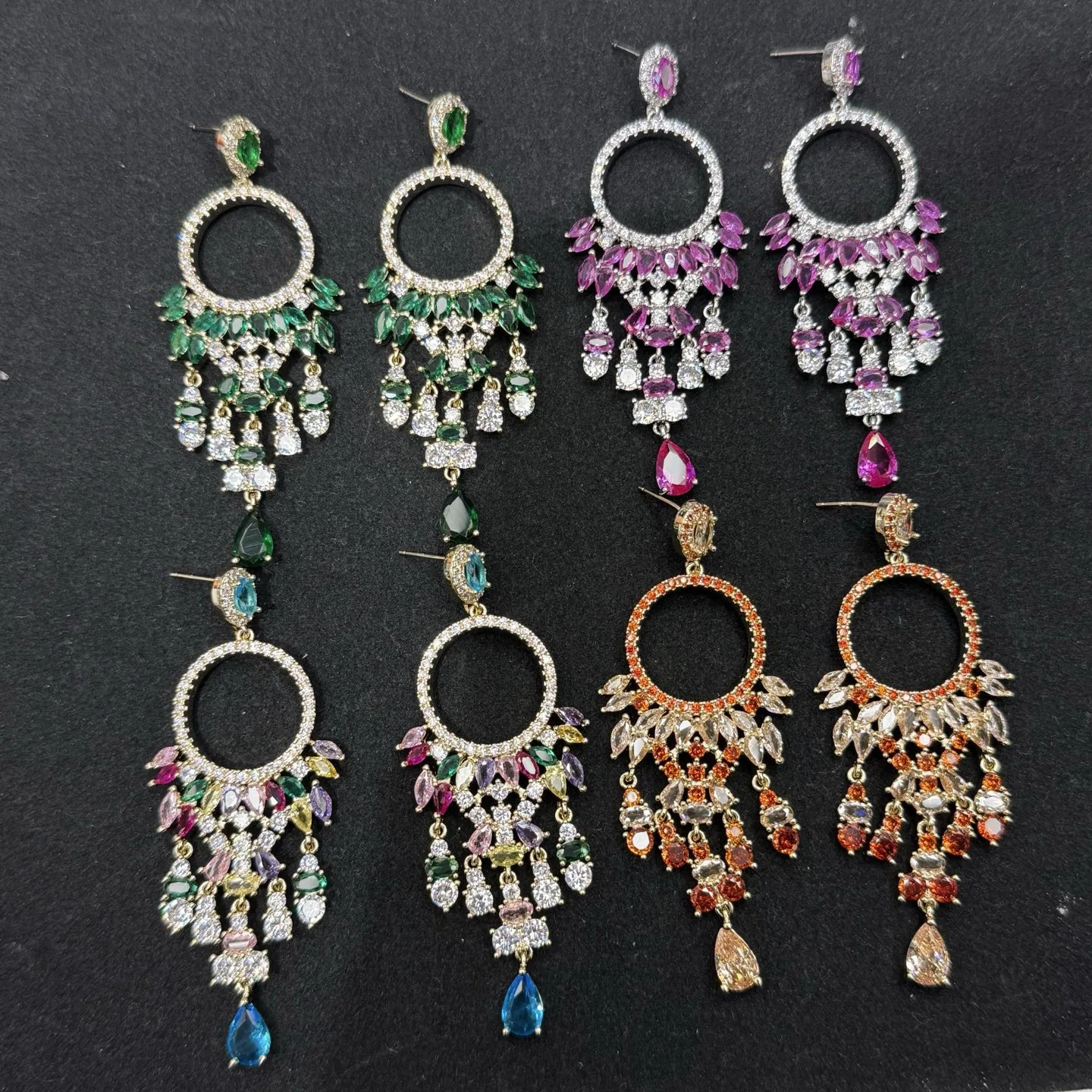 

zircon earrings green fushia multicolor teardrop dangling earrings round circle cut out luxury jewelry dinner party