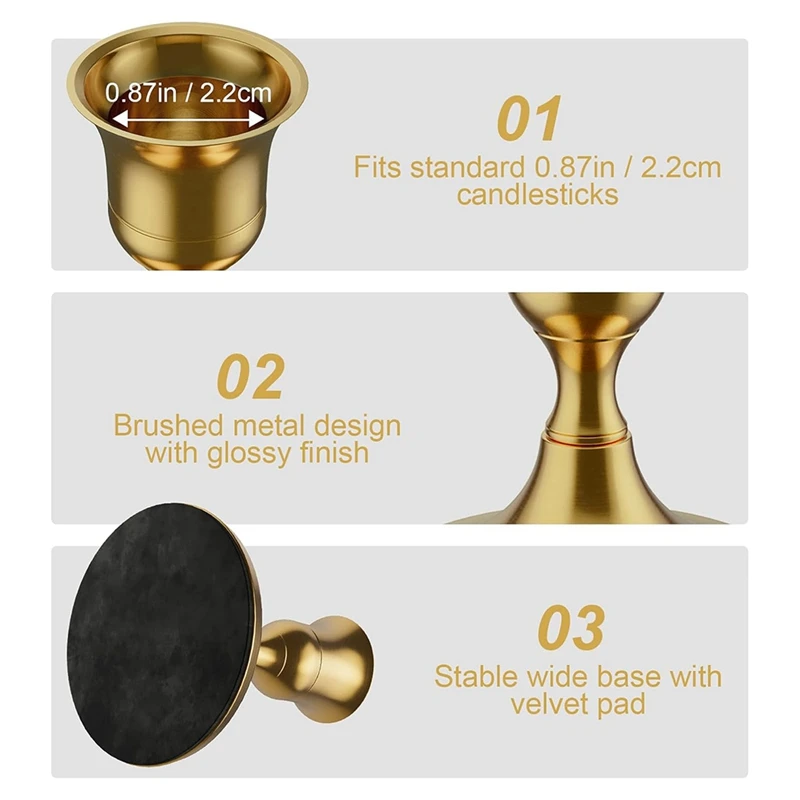 6PCS Brass Gold Taper Candle Holders, Vintage Metal Candlestick Holders For Dinner Room Table Centerpiece Or Mantel