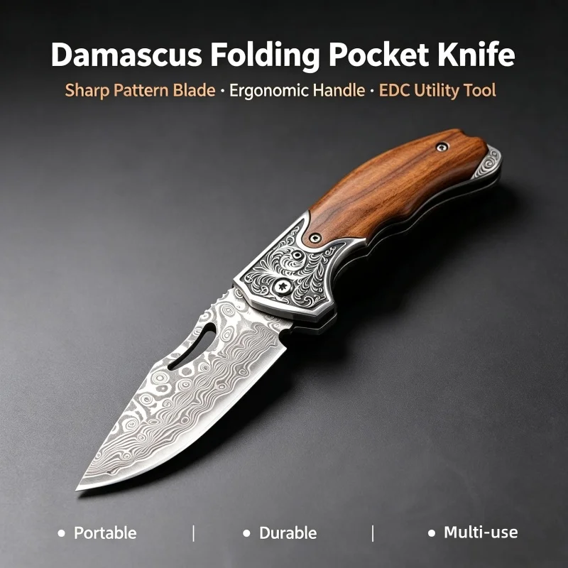 Multi-Functional Folding Pocket Knife with Damascus Pattern Sharp Blade Ergonomic Handle Portable Camping Daily Cutting Tool