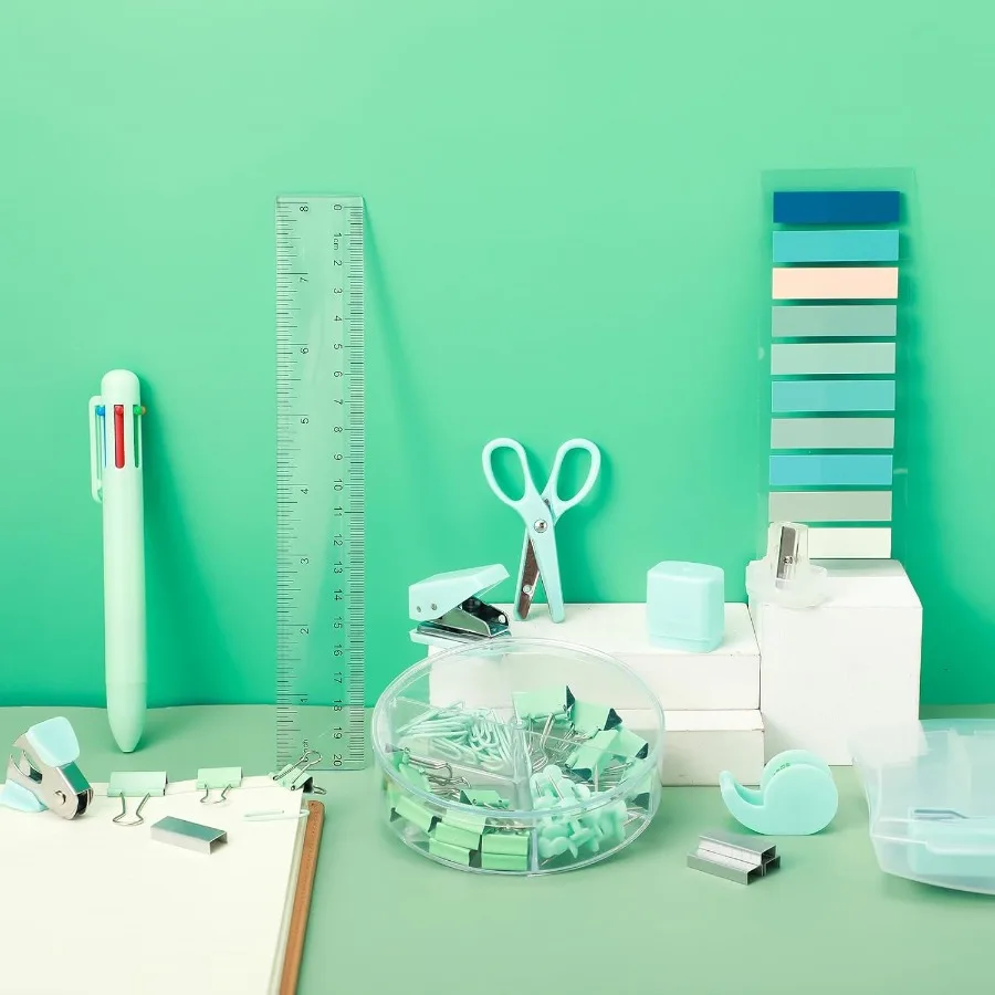 Mini suministros de oficina, suministros escolares verde turquesa con notas adhesivas, Mini grapadora, dispensador de cinta, agujero, removedor de grapas Puh Stap