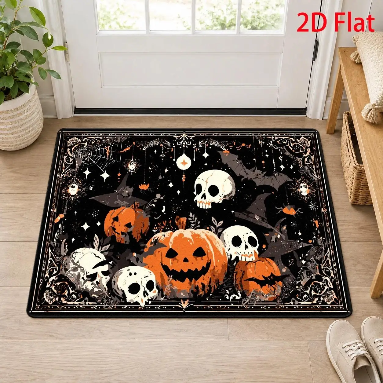 Purple Bat Skull Floral Door Rug Dark Background Gothic Border Lavender Bloom Print Washable Carpet