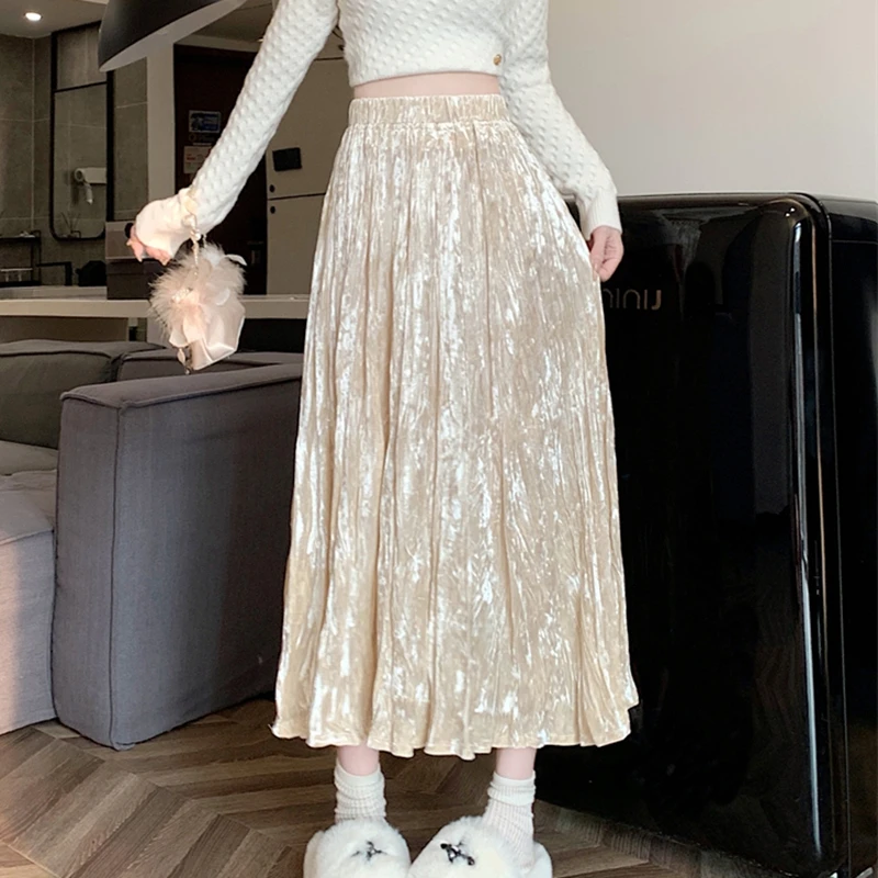 Casual Pleated Long Skirts Women Vintage Korean Fashion Y2k Clothes High Waist Faldas Largas Harajuku Mid Length Black Skirt