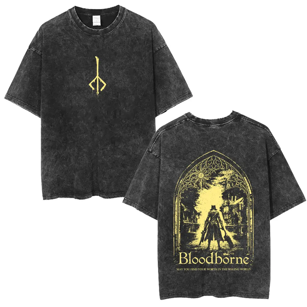 Washed Vintage Game Bloodborne Print T-shirt Men Women Retro Gothic Rock T Shirts Men's High Quality Cotton T-shirts Streetwear