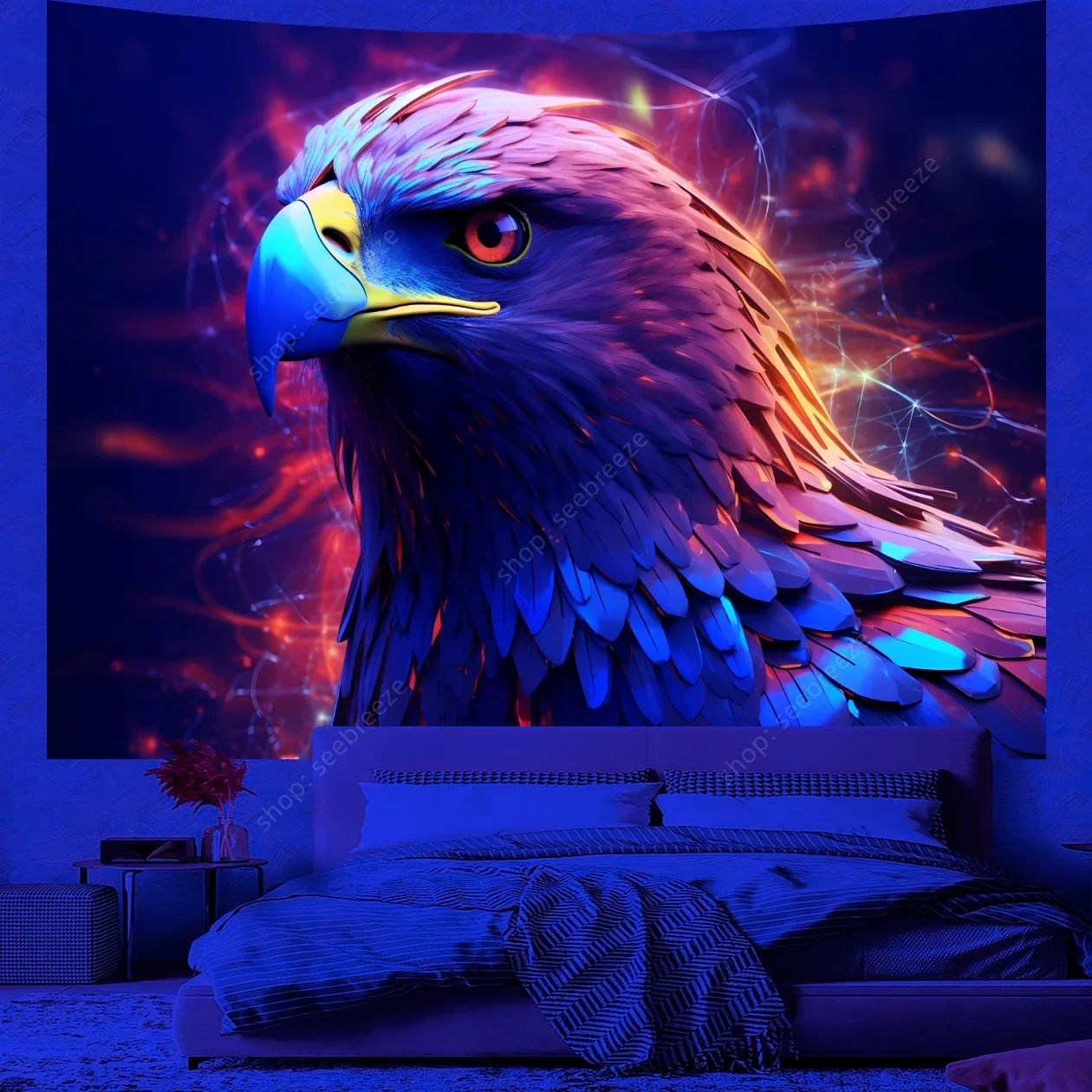 Arazzo animale Aquila psichedelica Arazzo reattivo UV Appeso a parete Hippie Room Decor Tenda Panno Telo mare Regalo per un amico