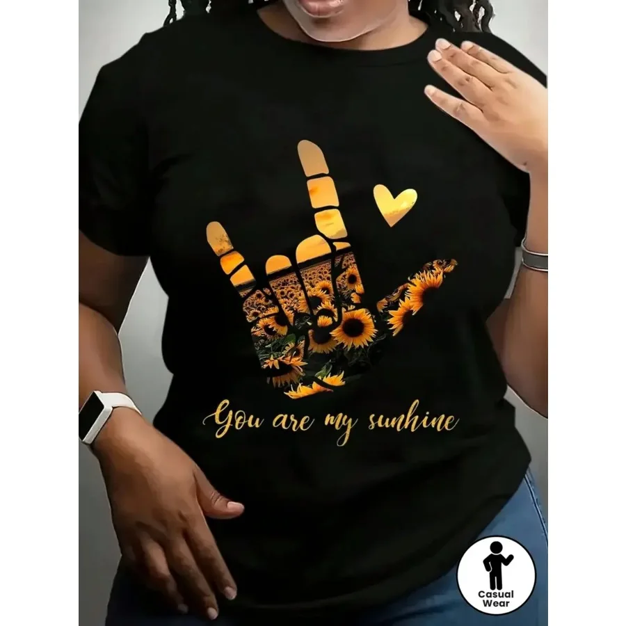 【New Arrival】You Are My Sunshine ASL Hand Sign Sunflower Heart Graphic T-Shirt Women Positive Inspirational Casual Black Tops