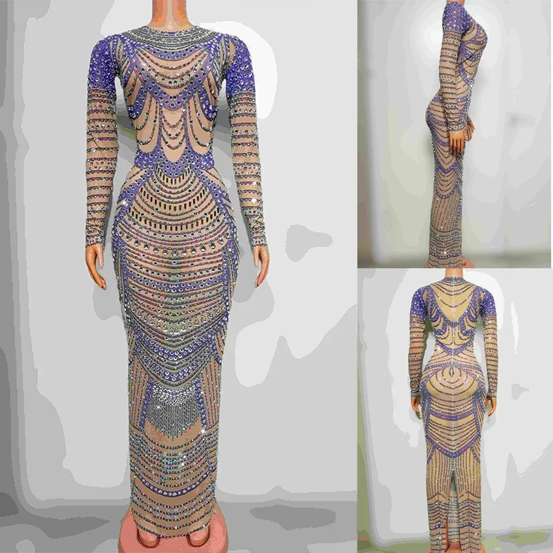 

Костюм для выступлений 2025: облегающее длинное платье со стразами для ночных клубов, баров, сценических выступлений, танцев, для певиц, вечеринок