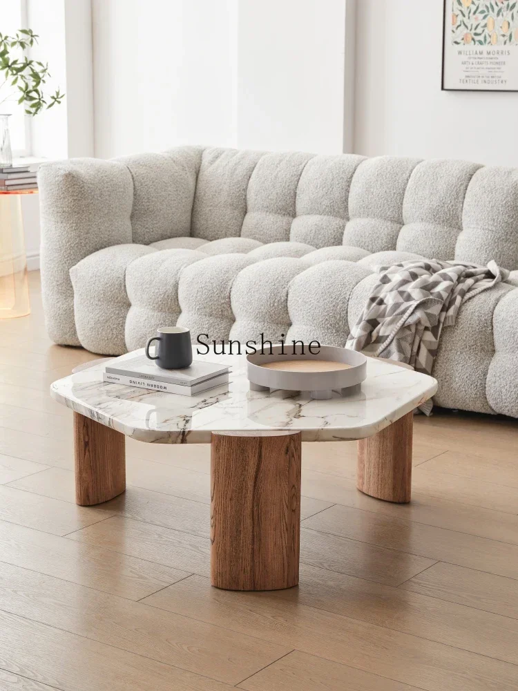 Terrazzo coffee table Solid wood small apartment special-shaped marble round coffee table