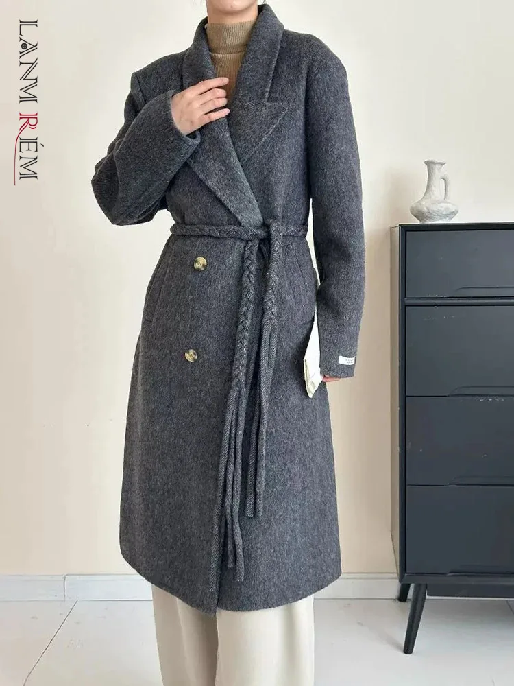 

LANMREM Office Lady Winter Wool Long Coat For Women Notched Collar Belt Gathered Waist Clothing Fashion 2024 Female New 2VV305