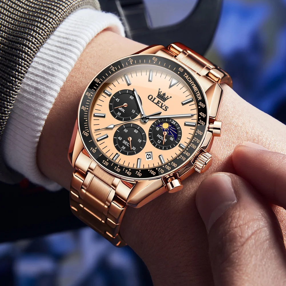 

OLEVS часы из розового золота из нержавеющей стали для мужчин, роскошные светящиеся часы с фазами Луны, водостойкий хронограф, спортивные мужские кварцевые часы