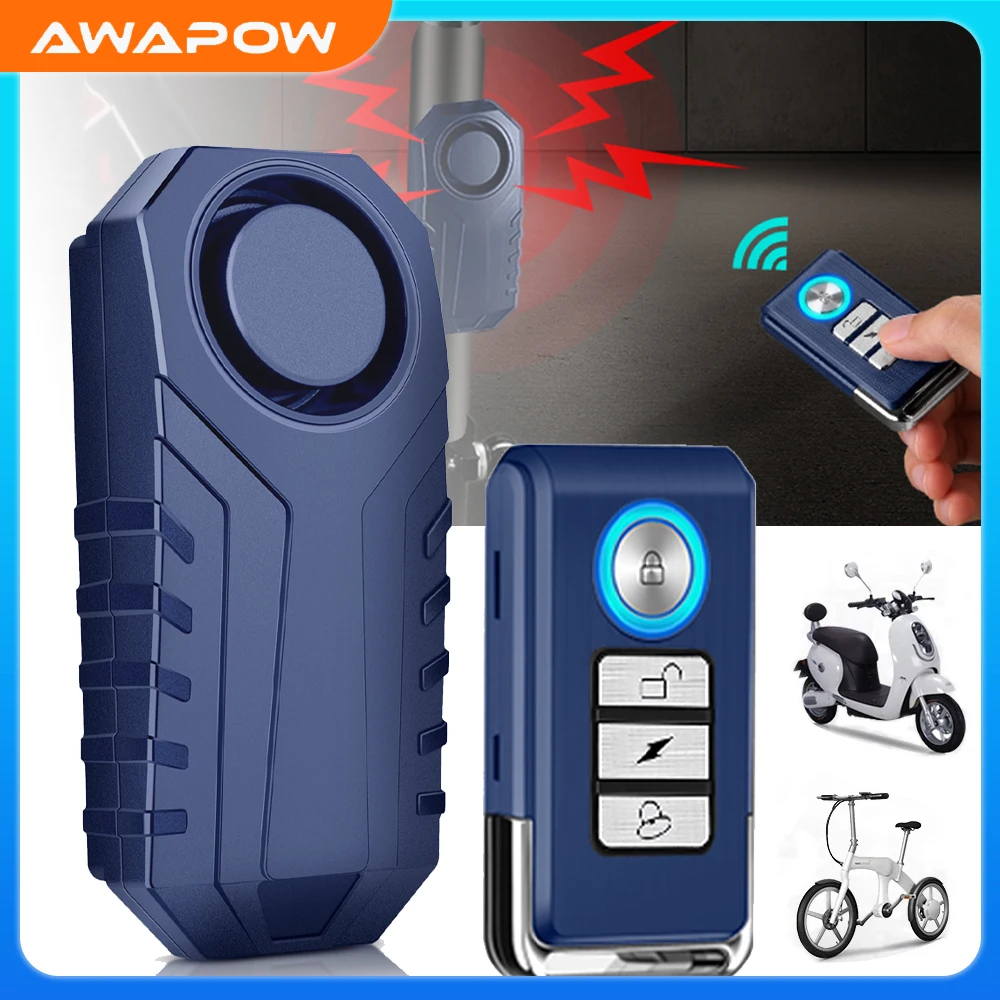Awapow 113dB Bicycle Alarm Wireless Anti theft Motorcycle Alarms Remote Control Waterproof Scooter Bike Security Protection
