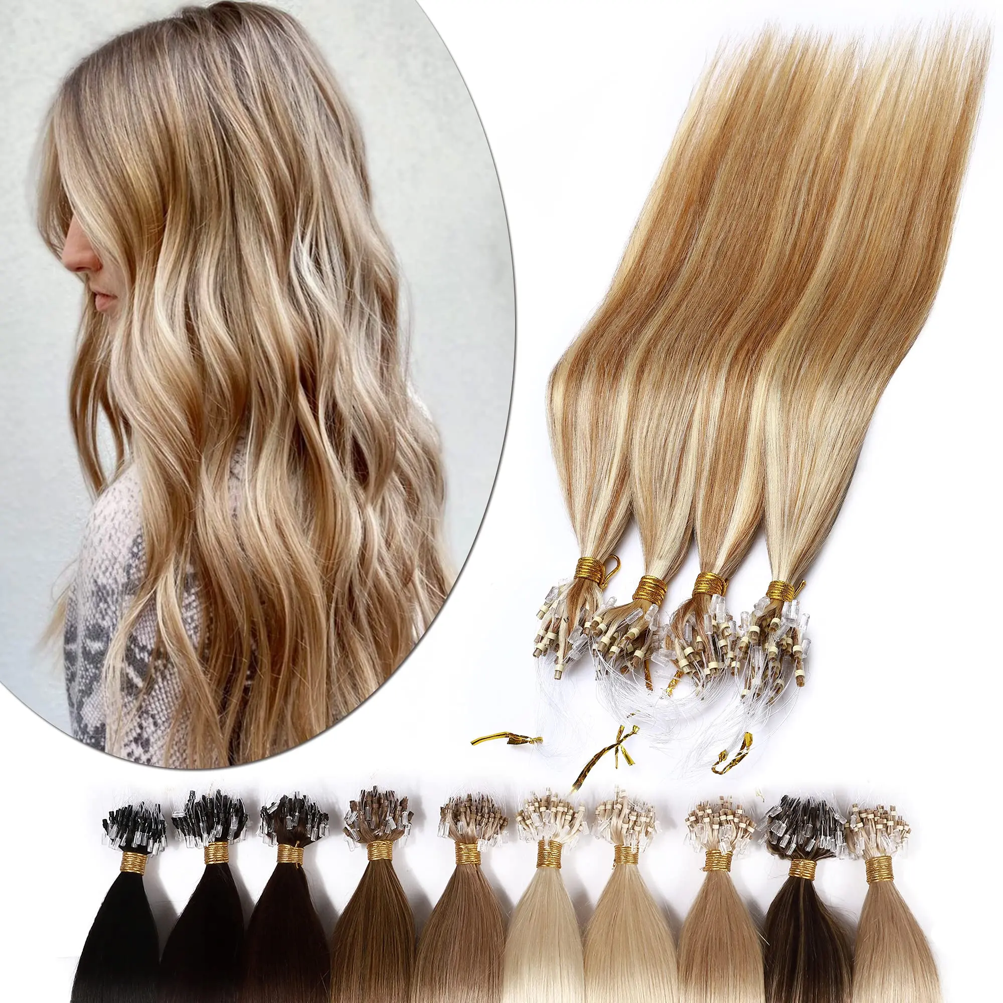 

100% Human Hair Straight Micro Loop Ring Extensions Weft With Silicone Rings For Secure All Day Wear