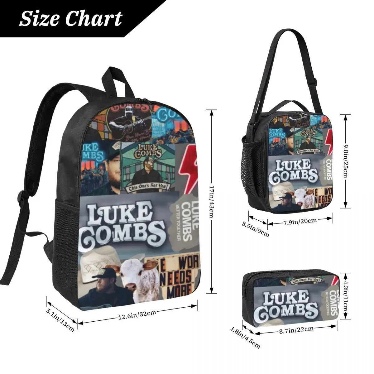 3Pcs Lukes Combs Tour 2026 Backpack Set for Girls Boys Pencil Boxes Bookbag Sets with Lunch Box For School Students Daypack
