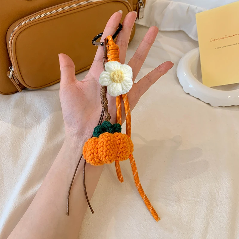 Sweet Crochet Double Pumpkin Cherry Shaped Bag Charm Keychain Braided Long Tassel Rope Design Trendy