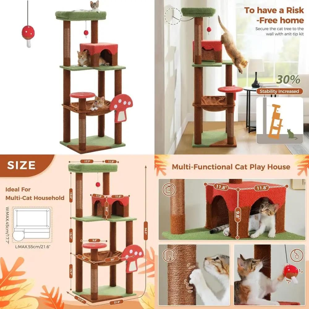 

Extra Large 56.3 Inches Cat Tree Tower with Mushroom Scratching Board, Cat Condo, Hammock, and Plush Bed - Perfect for Cats