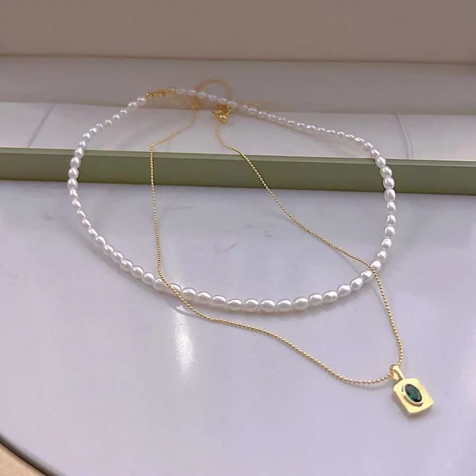 

Двухслойная шейная цепочка Green Treasure длиной 36 + 5 см, 4-5 мм, сильный свет, небольшой дефект, жемчужное ожерелье в форме риса