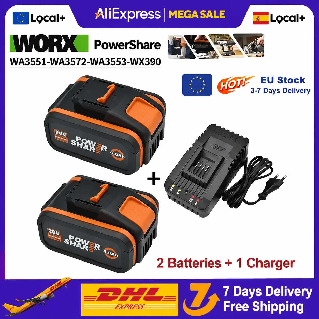 Für Worx 20V 6,0/8,0Ah Wiederaufladbare Li-Ionen-Batterie WA3551 WA3551.1 WA3553 WA3641 WX373 WX390 Elektrowerkzeug Mit Ladegerät