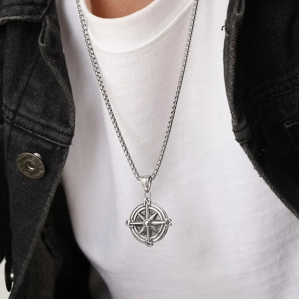 

Vintage Compass Necklaces for Men Boys,3D Round Stainless Steel Pendant Collar,Male Retro Jewelry Gifts