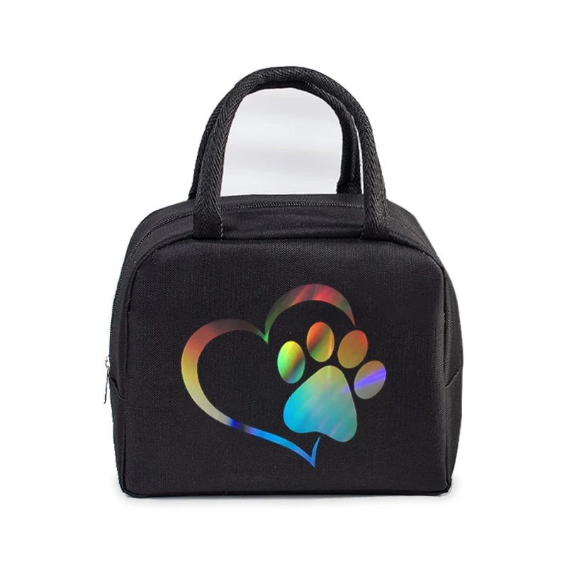 Colour Heart Cat Dog Paw Print Portable Lunch Bag Women Men Kids Food Thermal Box Multi-function Office Bento Insulated Handbag